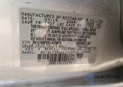 2020 Nissan Versa Sv from USA, damaged, VIN 3N1CN8EV3LL819872